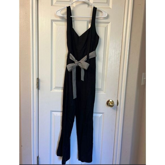 Reformation Linen V-Neck Sleeveless Belted Black Jumpsuit Women's Size 4 - Picture 1 of 9